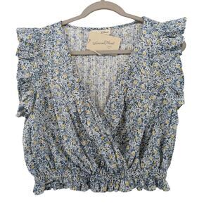 Universal Thread Crop Top M Blue Floral Wrap Elastic Hem Flutter Sleeves Ruffled